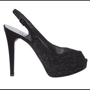 Stuart Weitzman Black Glitter Avalon Platform Shoe 9.5M
